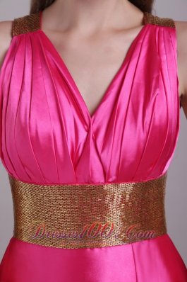 Hot Pink V-neck Paillette Sash Prom Evening Dress