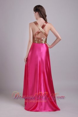 Hot Pink V-neck Paillette Sash Prom Evening Dress