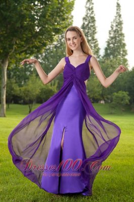 Purple Straps High Slit Ruched Evening Dress Prom