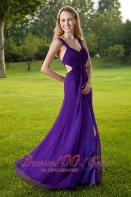 Purple Straps High Slit Ruched Evening Dress Prom