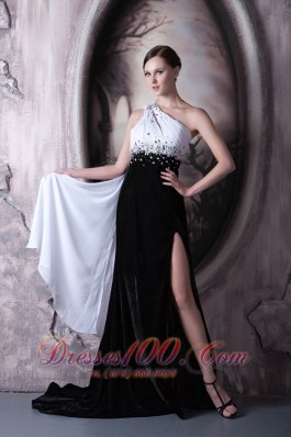 White and Black Beaded One Shoulder Evening Dress