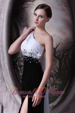 White and Black Beaded One Shoulder Evening Dress