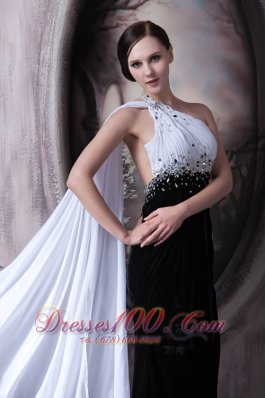 White and Black Beaded One Shoulder Evening Dress