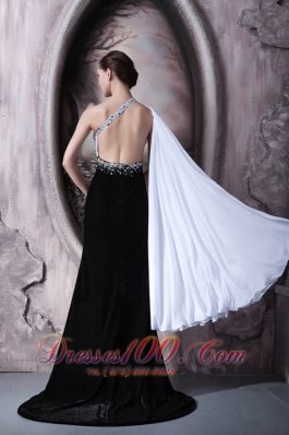 White and Black Beaded One Shoulder Evening Dress