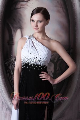 White and Black Beaded One Shoulder Evening Dress