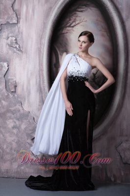 White and Black Beaded One Shoulder Evening Dress