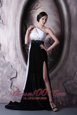 White and Black Beaded One Shoulder Evening Dress