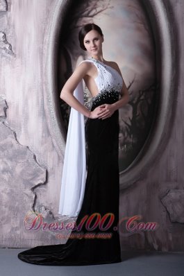 White and Black Beaded One Shoulder Evening Dress