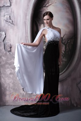 White and Black Beaded One Shoulder Evening Dress