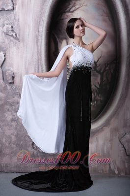 White and Black Beaded One Shoulder Evening Dress