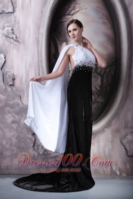 White and Black Beaded One Shoulder Evening Dress