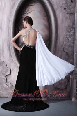 White and Black Beaded One Shoulder Evening Dress