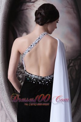 White and Black Beaded One Shoulder Evening Dress