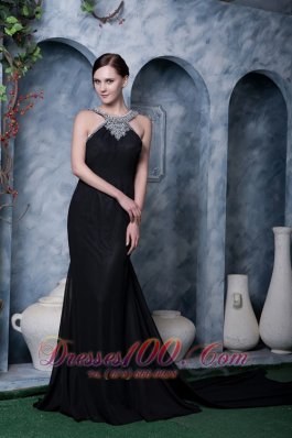 Black Beading Little Black Dress Chiffon Watteau Train