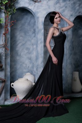 Black Beading Little Black Dress Chiffon Watteau Train