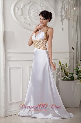 Beaded Straps Prom Evening Dress Brush Train Satin