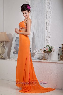 Orange Red Halter Pageant Evening Dress Beaded Chiffon