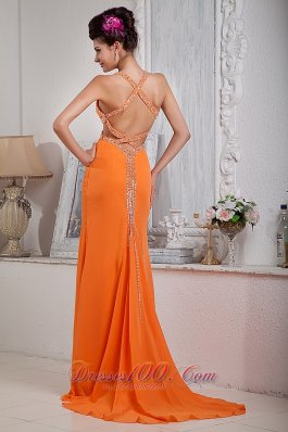 Orange Red Halter Pageant Evening Dress Beaded Chiffon