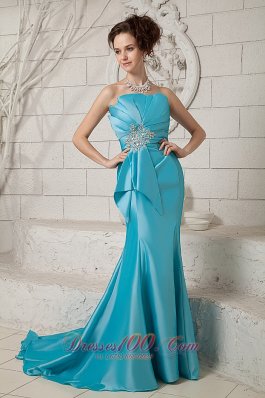 Beading Teal Prom Dress Ruched Brush Train Satin