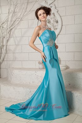 Beading Teal Prom Dress Ruched Brush Train Satin