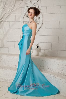 Beading Teal Prom Dress Ruched Brush Train Satin