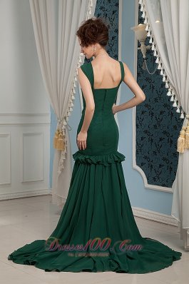 Dark Green Ruched Straps Mother Of Bride Dress Train