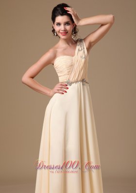 Beaded One Shoulder Ruch Champagne Prom Evening Dress