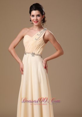 Beaded One Shoulder Ruch Champagne Prom Evening Dress