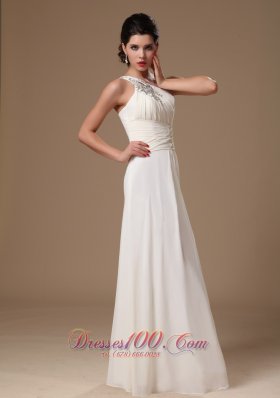 One Shoulder White Chiffon Beaded Prom Evening Gowns