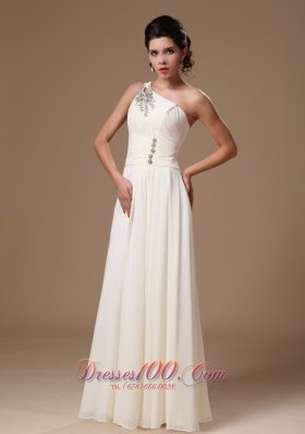 One Shoulder White Chiffon Beaded Prom Evening Gowns