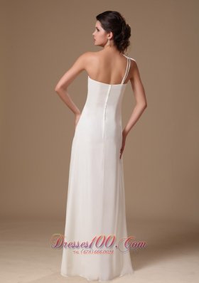 One Shoulder White Chiffon Beaded Prom Evening Gowns