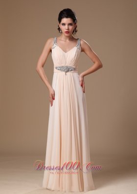V-neck Ruch Beaded Champagne Prom Evening Gowns Chiffon