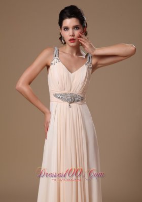 V-neck Ruch Beaded Champagne Prom Evening Gowns Chiffon