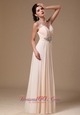 V-neck Ruch Beaded Champagne Prom Evening Gowns Chiffon