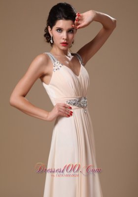 V-neck Ruch Beaded Champagne Prom Evening Gowns Chiffon