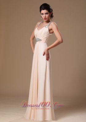 V-neck Ruch Beaded Champagne Prom Evening Gowns Chiffon