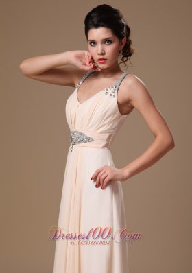 V-neck Ruch Beaded Champagne Prom Evening Gowns Chiffon