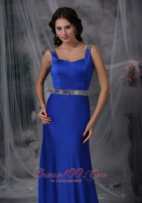 Straps Beaded Royal Blue Prom Evening Dress Court Train