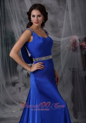 Straps Beaded Royal Blue Prom Evening Dress Court Train