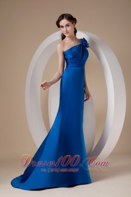 Royal Blue One Shoulder Prom Dress Hand Made Flower