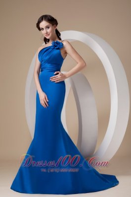 Royal Blue One Shoulder Prom Dress Hand Made Flower