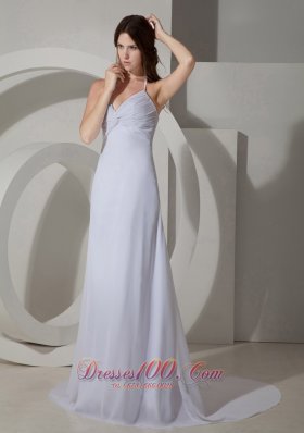 White Halter Prom Evening Dress Chiffon Court Train