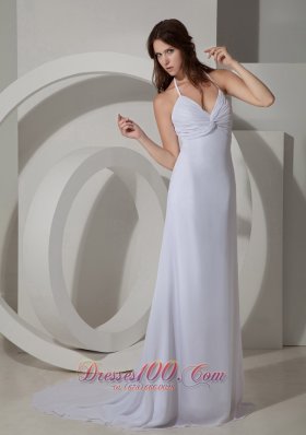 White Halter Prom Evening Dress Chiffon Court Train