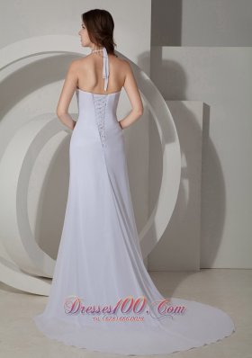 White Halter Prom Evening Dress Chiffon Court Train