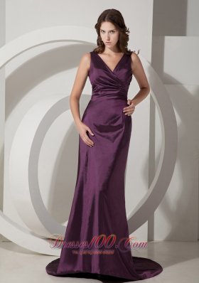 V-neck Dark Purple Bridesmaid Evening Dress Taffeta Train
