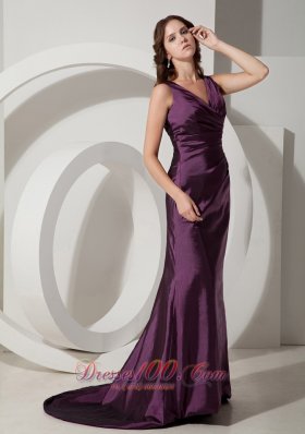 V-neck Dark Purple Bridesmaid Evening Dress Taffeta Train