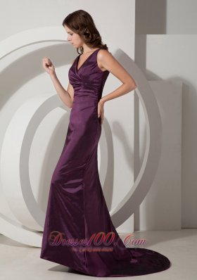 V-neck Dark Purple Bridesmaid Evening Dress Taffeta Train