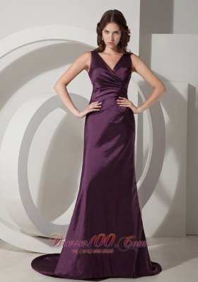 V-neck Dark Purple Bridesmaid Evening Dress Taffeta Train