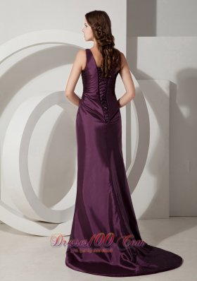 V-neck Dark Purple Bridesmaid Evening Dress Taffeta Train