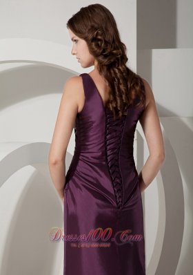 V-neck Dark Purple Bridesmaid Evening Dress Taffeta Train